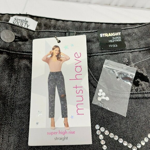 * Simple Society 17/33 Jeans hinestone Stars High Rise Distressed gray gems - Picture 7 of 12